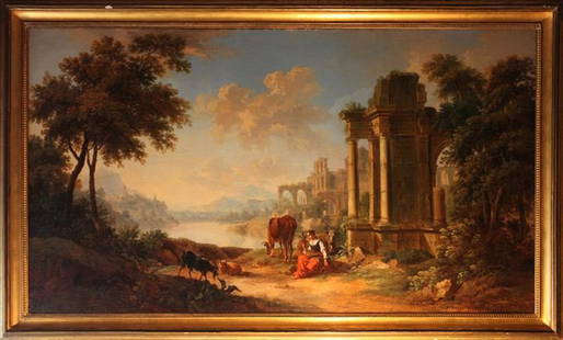 CHRISTIAN GEORGE SCHUTZ / SCHUZ: Landscape with countrywoman and animals amongst ruins, 95x165cm, oil on canvas