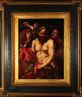 JACOB JORDAENS: Maenad with Silenus, 45x33cm, oil on board The work is by J. Jordaens and its twin, larger in dimension, can be found in the gallery in Genoa’s Palazzo Durazzo Pallavicini. The Genovese work of art