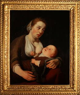 DANIEL JANSZ THIEVAERT (School of REMBRANDT): Woman breastfeeding, 70x54cm, oil on board This piece is credited to a follower of Rembrandt, most probably Daniel Jansz Thievaert, who was influenced by the Dutch master’s “Holy family”