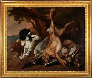 FRANZ WERNER VON TAMM: Still life with dogs and game, 75x90cm, oil on canvas