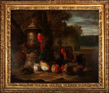 DAVID DE CONINCK: Still life with parrot, poultry and rabbits, 75x62cm, oil on canvas