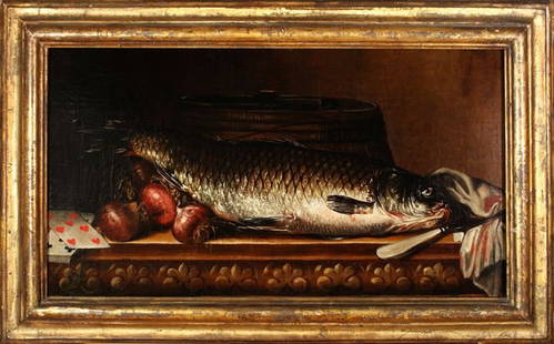 PIERRE VAN BOUCLE: Still life with carp and playing cards, 35x65cm, oil on canvas