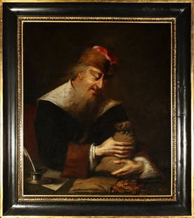 PIETER VAN ROESTRATEN: The greedy money-counter, 75x65cm, oil on canvas