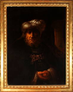 Circle of REMBRANDT VAN RJIN: Old Jewish man in Eastern attire, 90x65cm, oil on canvas The man in Eastern clothes is supposed to represent “The King Uzziah Stricken with Leprosy”, like its twin that is part of the Duke of