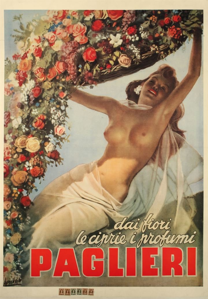 BOCCASILE GINO (1901 - 1952) Profumi Paglieri: cm 98x69, manifesto litografico telato