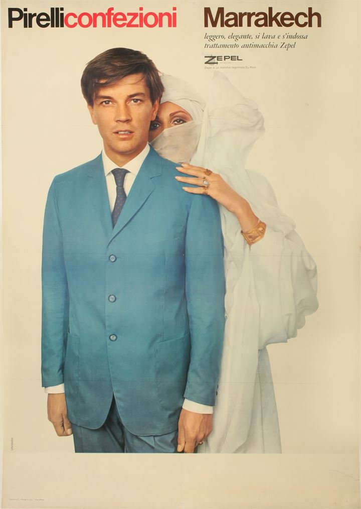 ANONIMO Pirelli Confezioni Marrakech: Offset, Vera, Milano, 1965, cm 140x100 QualitÃ : B-. Telato. Anonymous Pirelli Confezioni Marrakech Offset by Vera, Milan, 1965, cm 140x100 Condition: B-. Backed on linen.