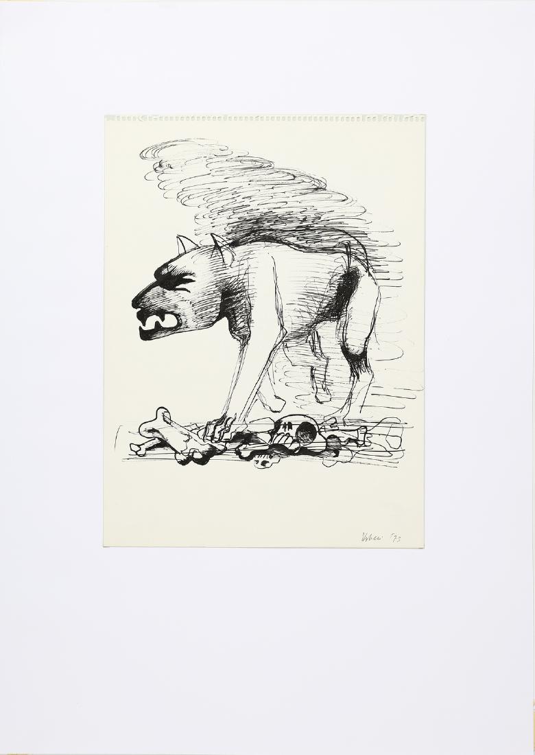 TINO VAGLIERI Dog with skull and bones.: Dog with skull and bones. 1973. Mixed media on paper. Cm 30,00 x 40,00. Signature and year lower right in pencil