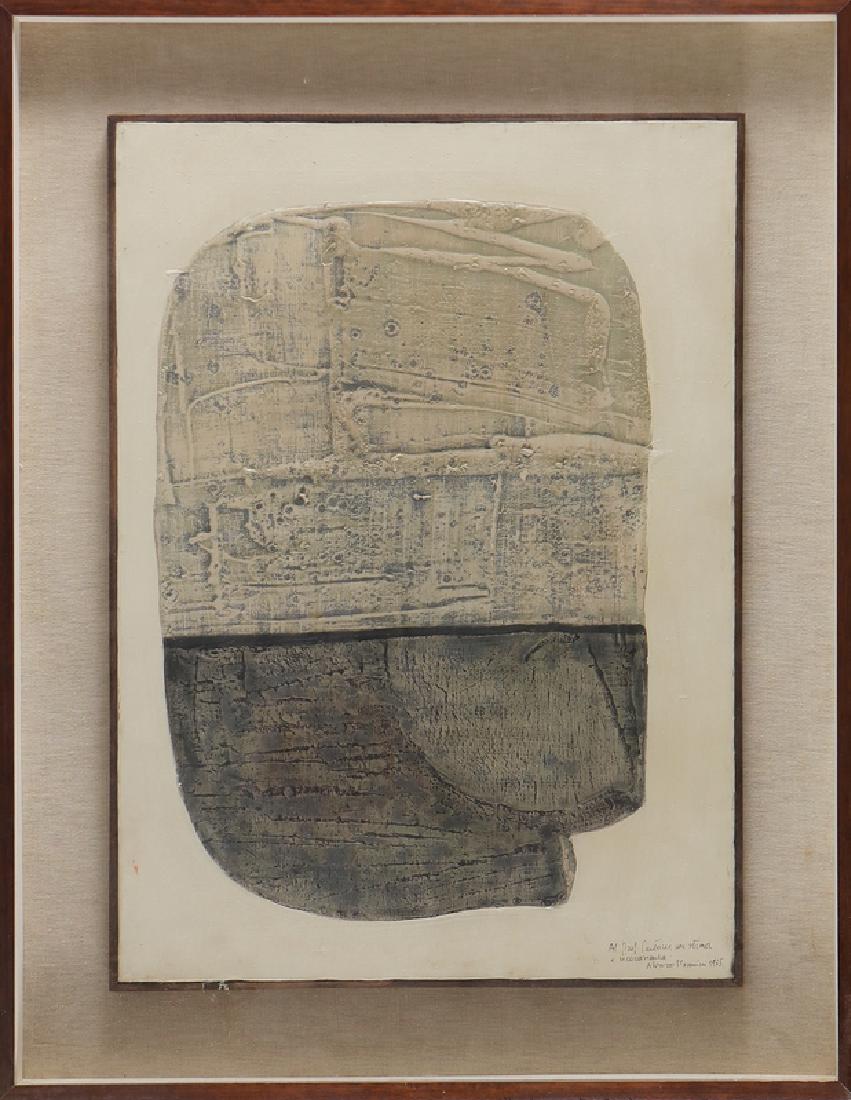 ALVARO MONNINI Untitled.: Untitled. 1965. Mixed media on canvas. Cm 49,00 x 69,00. Dedication, signature and year lower right. At the back exhibition label: Demons of Alvaro Monnini at the Schettini Gallery, June 10, 1970.. Fr