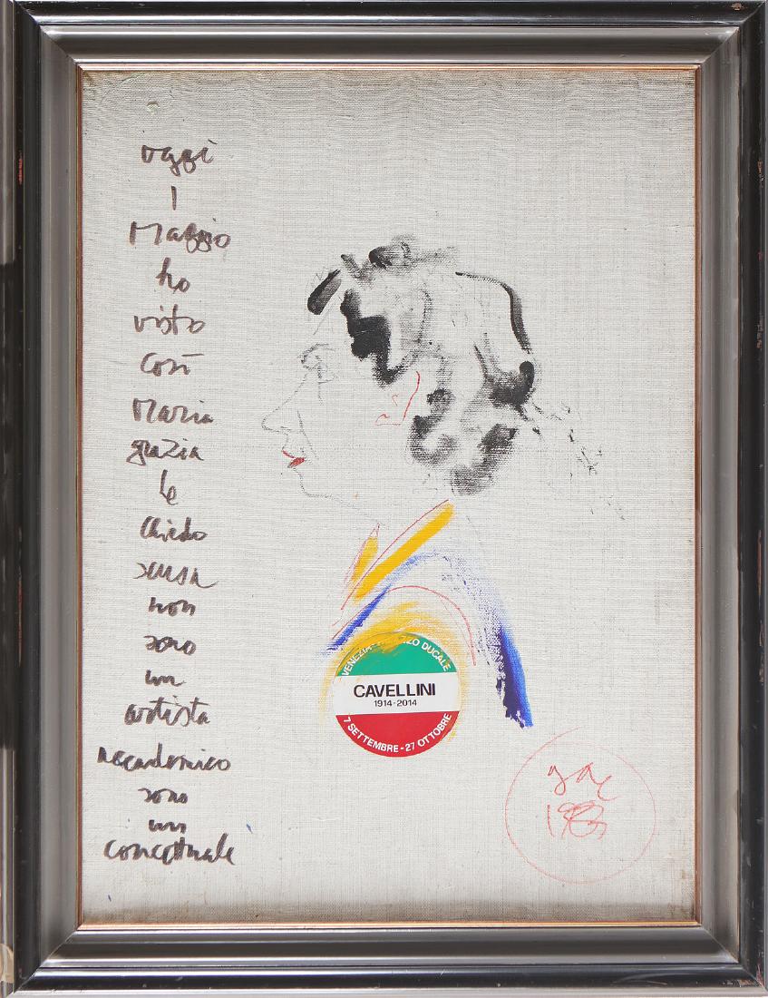 GUGLIELMO ACHILLE CAVELLINI Caricature portrait of the: Caricature portrait of the painter Grazia Lazzarini. 1983. Mixed media on canvas. Cm 50,00 x 70,00. Signature and year lower right and title at the back. Frame present