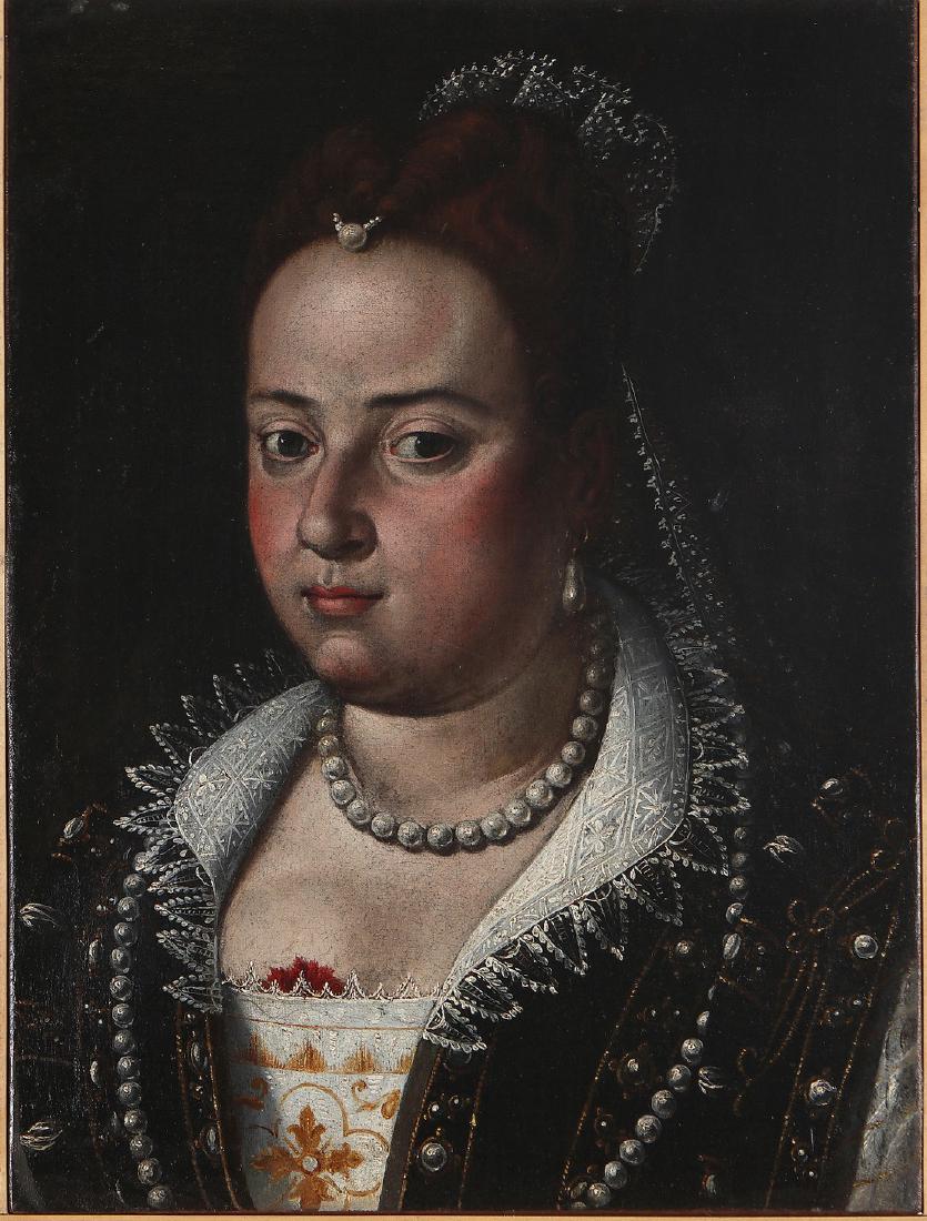 ALESSANDRO MAGANZA Ritratto di donna con le perle.: MAGANZA ALESSANDRO (1556 - 1630) Ritratto di donna con le perle. Olio su tela . Cm 40,00 x 53,05. BibliografiaG. Barioli (a cura di), "Il Gusto e la Moda nel Cinquecento vicentino e veneto", p 98, Vic