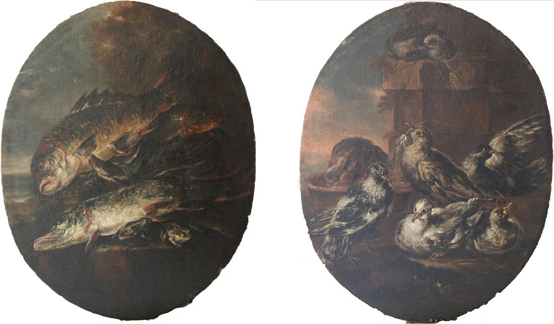 GIOVANNI DETTO IL CRIVELLINO CRIVELLI Natura morta con: CRIVELLI GIOVANNI DETTO IL CRIVELLINO (1690 - 1750) Natura morta con pesci, piccioni in un nido. Olio su tela ovale. Cm 57,00 x 71,00. I dipinti sono accompagnati da scheda critica di Ferdinando Arisi