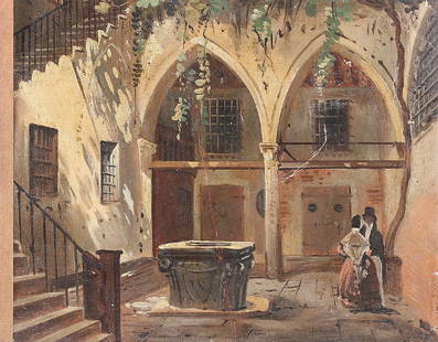 IPPOLITO CAFFI Interno di cortile. .: CAFFI IPPOLITO (1809 - 1866) Interno di cortile. . Olio su carta. Cm 23,00 x 18,00. Si ringrazia Massimo De Grassi per aver confermato l'autografia dell'opera.L'opera presenta una piegatura del carton