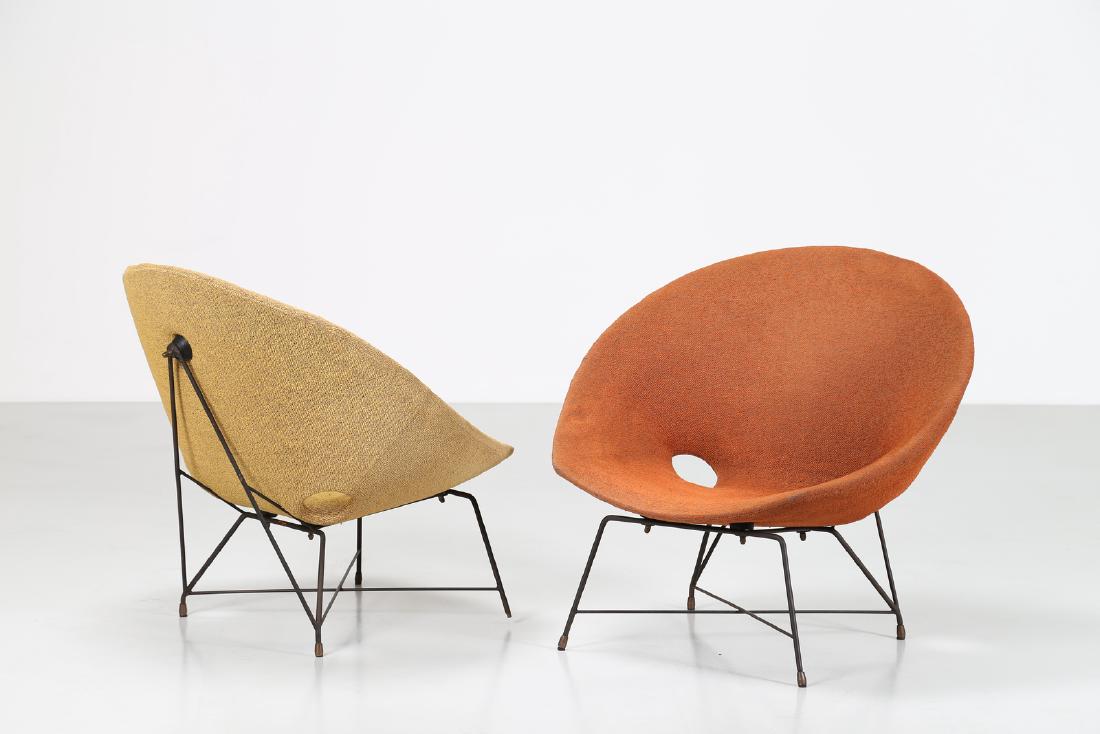 AUGUSTO BOZZI Pair of black lacquered metal armchairs: Pair of black lacquered metal armchairs with brass feet and original woven, mod. Kosmos, for Saporiti, 1954, there is the original label.. . Cm 98,00 x 83,00 x 87,00.