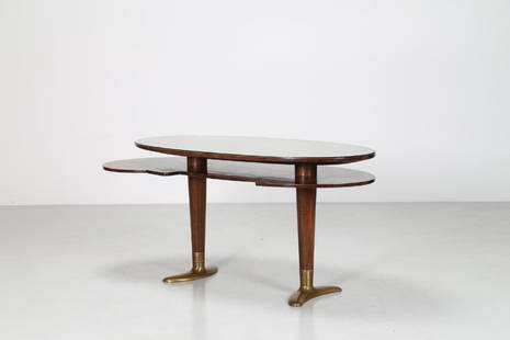 GIOVANNI GARIBOLDI Walnut, glass, brass and teak: Walnut, glass, brass and teak writing desk with golden bronze feet and crystal level, Luigi Magnetti execution 1950. Literature; Roberto Aloi, Esempi di arredamento moderno di tutto il mondo, Studi Li