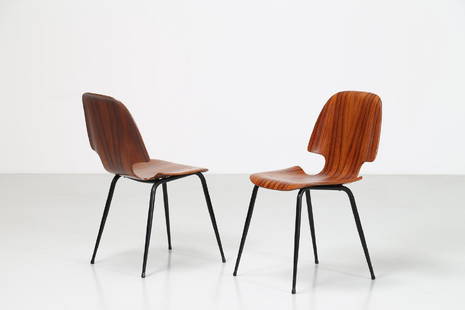 CARLO RATTI Pair of metal and curved plywood chairs,: Pair of metal and curved plywood chairs, mod. Lulli, for ILC Curved wood Factory, 60â€™s.. . Cm 46,00 x 82,00 x 58,00.