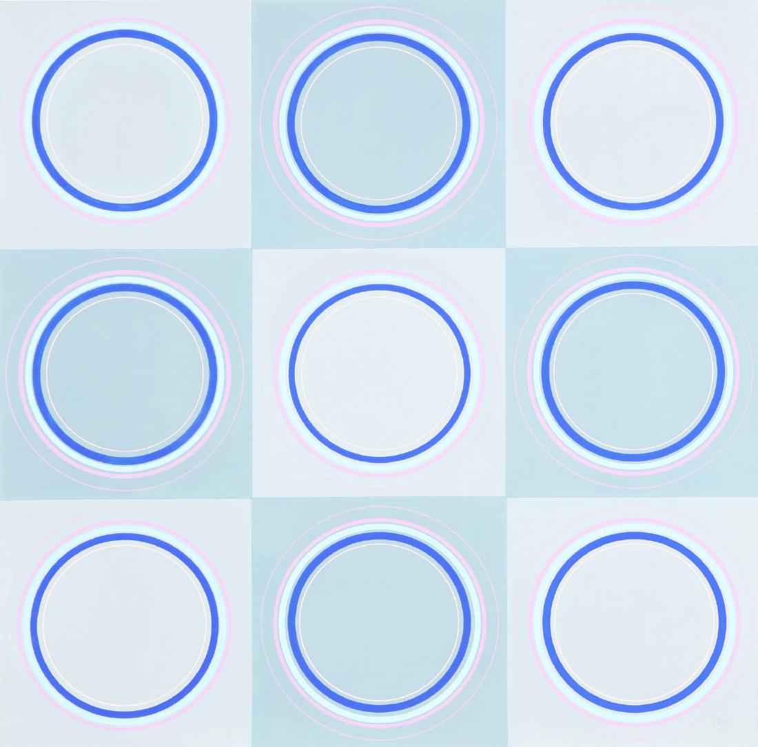 ANTONIO ASIS Cerchi ritmici n.1119.: Cerchi ritmici n.1119. 1990. Acrylic on cardboard. Cm 72,00 x 72,00. Signature and year lower right. At the back Arte Struktura, Milan label. . Frame present