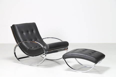RENATO ZEVI Dondolo e pouf in metallo cromato e sky, .: ZEVI RENATO Dondolo e pouf in metallo cromato e sky, . -. Cm 70,00 x 82,00 x 115,00. Misura pouf: 36x66x58
