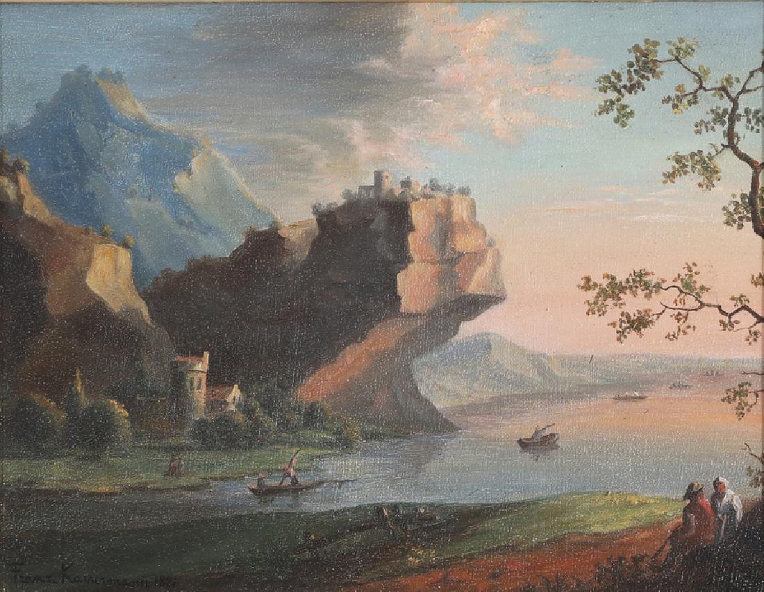 FRANZ KAISERMANN Paesaggio con barche.: KAISERMANN FRANZ (1765 - 1833) Paesaggio con barche. 1821. Olio su carta. Cm 24,00 x 18,00. Firma e anno in basso a sinistra. Cornice presente