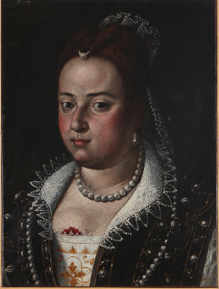 ALESSANDRO MAGANZA Ritratto di donna con le perle.: MAGANZA ALESSANDRO (1556 - 1630) Ritratto di donna con le perle. Olio su tela . Cm 40,00 x 53,05. BibliografiaG. Barioli (a cura di), "Il Gusto e la Moda nel Cinquecento vicentino e veneto", p 98, Vic