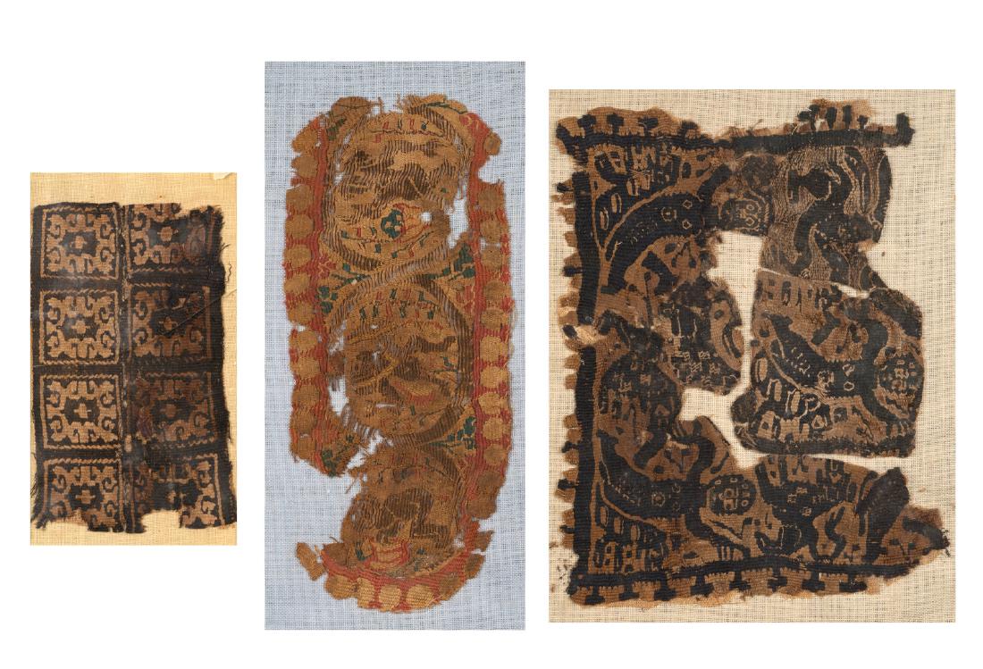 Arte Islamica Three embroidered Coptic textile: Islamic Art Three embroidered Coptic textile fragmentsEgypt, 6th century . . Cm 17,50 x 24,00. The biggest depicting three men among lions, the medium (24 X 10 cm) finely embroidered in red, green, li