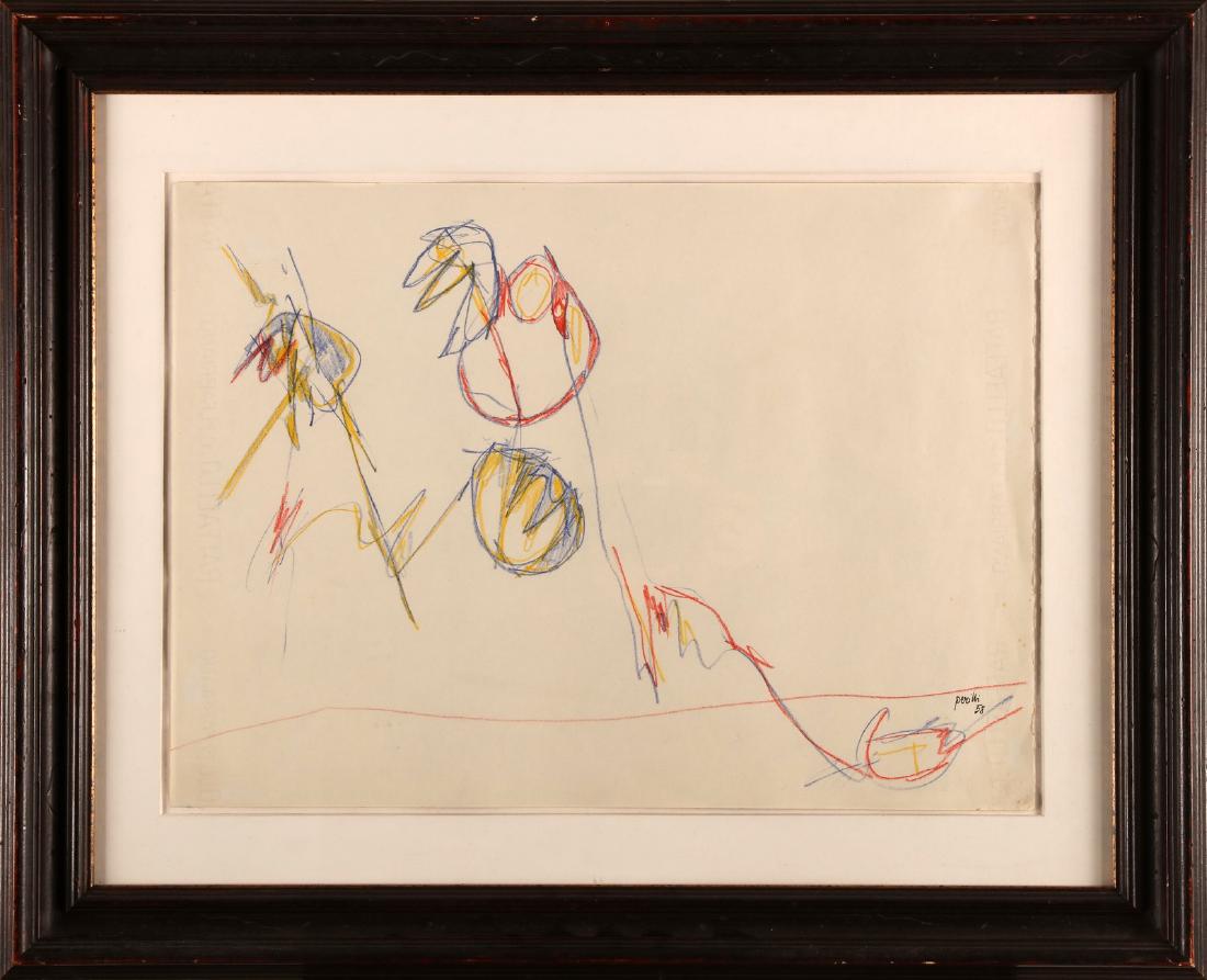 ACHILLE PERILLI Untitled.: Untitled. 1958. Pastel on paper. Cm 48,00 x 35,00. Signature and year lower right. At the back La Scletta Gallery, S.Polo di Reggio Emilia label and Liguriundici Gallery, Pavia stamp. Artist's authent