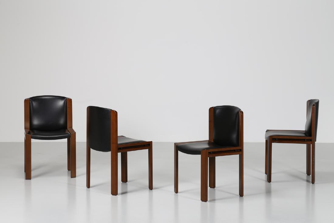 JOE COLOMBO Four walnut and leather chairs, model 300,: Four walnut and leather chairs, model 300, Produzione Pozzi, 1965.Publications: Joe Colombo 1930-1971, Gianni Colombo 1937-1993, Fagone, page 165; Repertorio 1950-1980, Gramigna, page 236.. . Cm 48,50