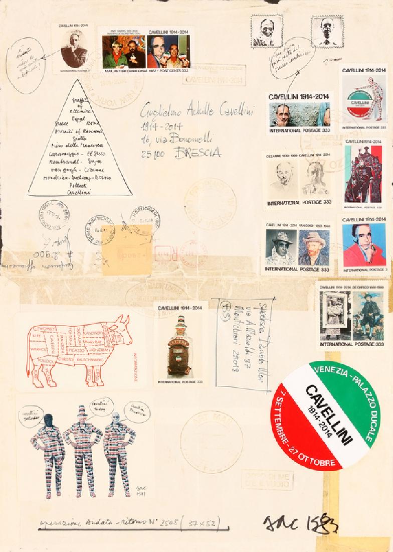 GUGLIELMO ACHILLE CAVELLINI Untitled.: Untitled. 1983. Mixed media and collage on paper. Cm 37,00 x 52,00. Signature and year lower right. Frame present