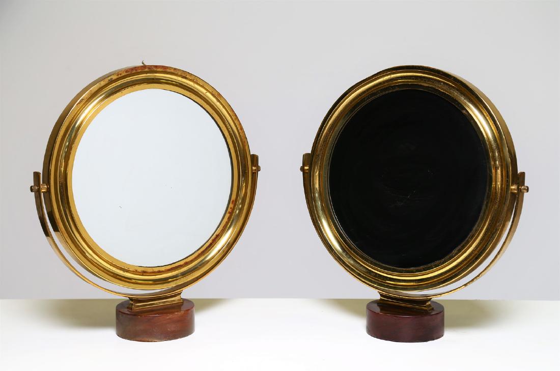 SERGIO MAZZA Pair of brass and wood table mirrors, for: Pair of brass and wood table mirrors, for Artemide, 1950s. . Cm 48,00 x 52,00 x 15,00.