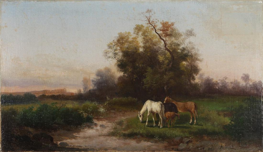 ANDREAS MARKO Cavalli in un paesaggio.: MARKO ANDREAS (1824 - 1895) Cavalli in un paesaggio. Olio su tela . Cm 70,00 x 40,00. Firma in basso a destra. Cornice presente
