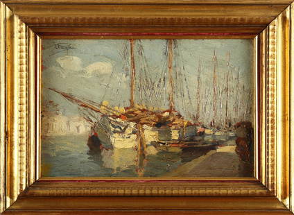 ANGELO PAVAN Paesaggio con barche. .: PAVAN ANGELO (1893 - 1945) Paesaggio con barche. . Olio su cartone pressato. Cm 25,00 x 18,00. Firmato in alto a sinistra. Cornice presente