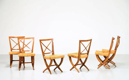 GUGLIELMO PECORINI Six chairs.: Six chairs. . Cm 48,00 x 87,00 x 52,00. Walnut and straw, from the furnishings of Casa Urbano Zaccagnini, "Edizioni I Due Forni", Florence, 1935.
