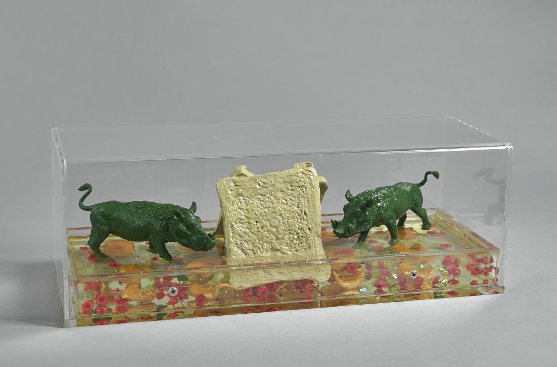 WILLIAM SWEETLOVE Two Cloned Green Wild Boars.: Two Cloned Green Wild Boars. 2006. Engraving on resin. Cm 46,00 x 17,00 x 16,00. Artist's authenticity certificate on photo.
