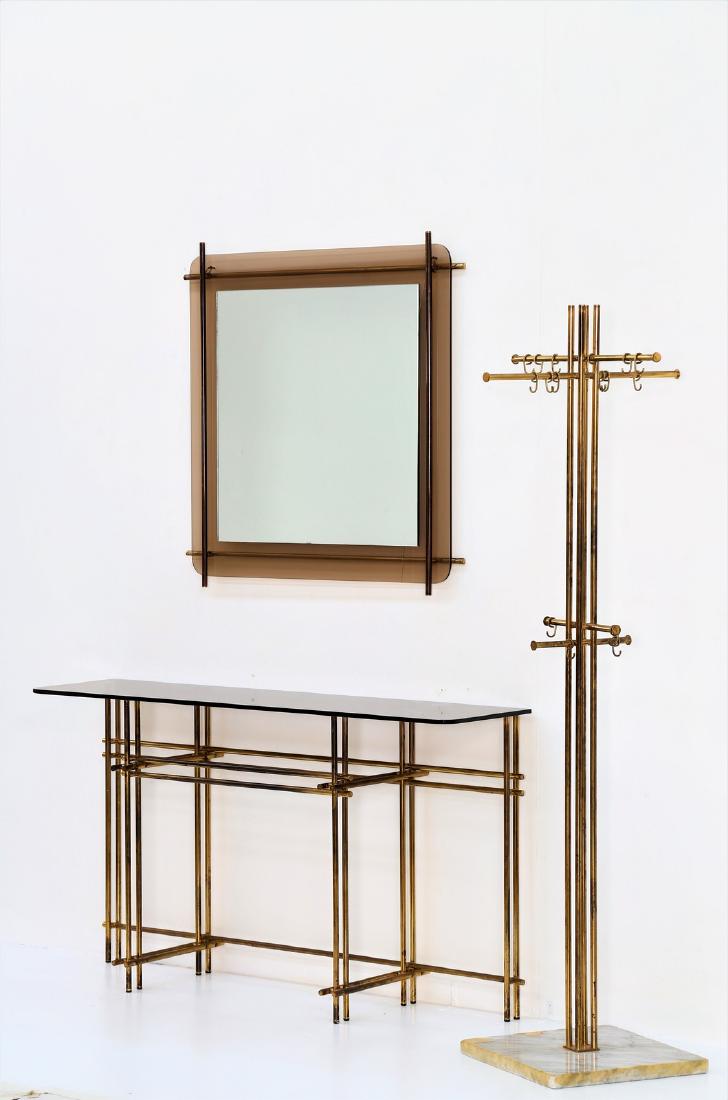 ZEVI INTERNATIONAL Console, mirror and coat rack.: Console, mirror and coat rack. . . Brass and crystal, 70s
