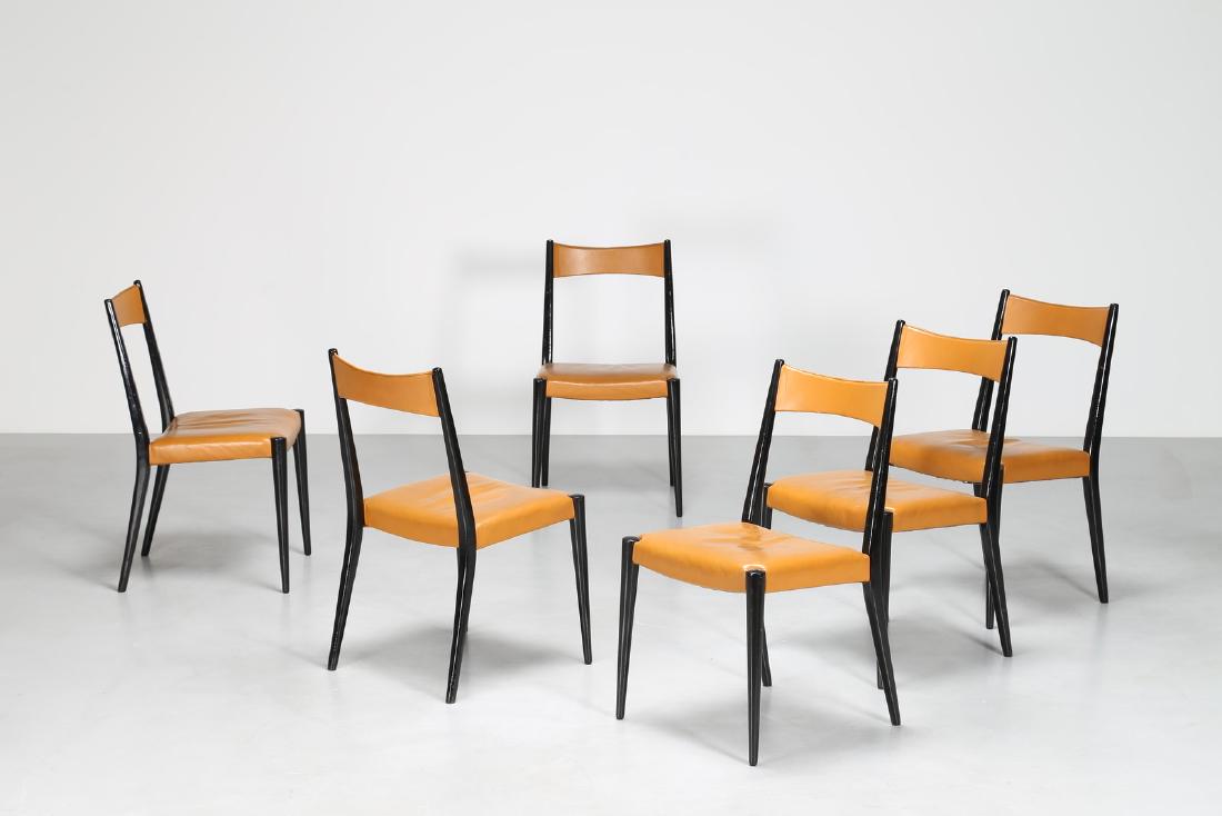 ANNA-LÃœLJA PRAUN Six chairs.: Six chairs. Rose wood and skai. Cm 45,50 x 80,00 x 48,50. Rose wood structure, padding and skai covering, for Wiesner-Hager, 50s.Publications: Eva B. Ottilinger MÃ¶beldesign d. 50 er Jahre, p. 136