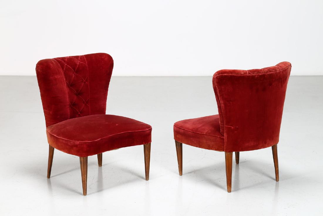 MELCHIORRE BEGA Pair of room armchairs.: Pair of room armchairs. Wood and fabric. Cm 53,00 x 66,00 x 52,00. Wooden structure, upholstery and fabric covering, 40s.