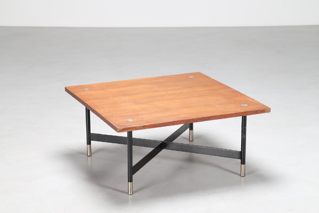 MANIFATTURA ITALIANA Coffee table.: ITALIAN MANUFACTURE Coffee table. Plywood and metal. Cm 75,00 x 35,00 x 75,00. Base in chromed and lacquered metal, top in teak wood. 50s.