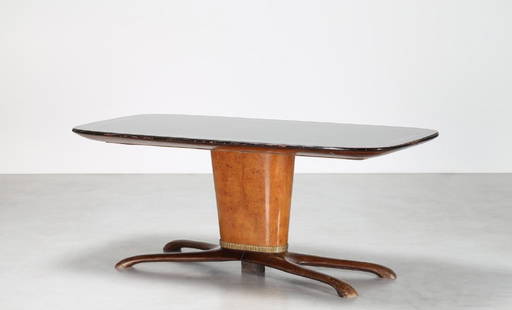 SAVERIO JANNACE  Table.: Table. mahogany wood, glass and brass. Cm 197,50 x 81,00 x 98,00. Mahogany base with brass details and decorated glass top, for Jannace and Kovacs 50s.Publications; similar model Roberto Aloi, Esempi