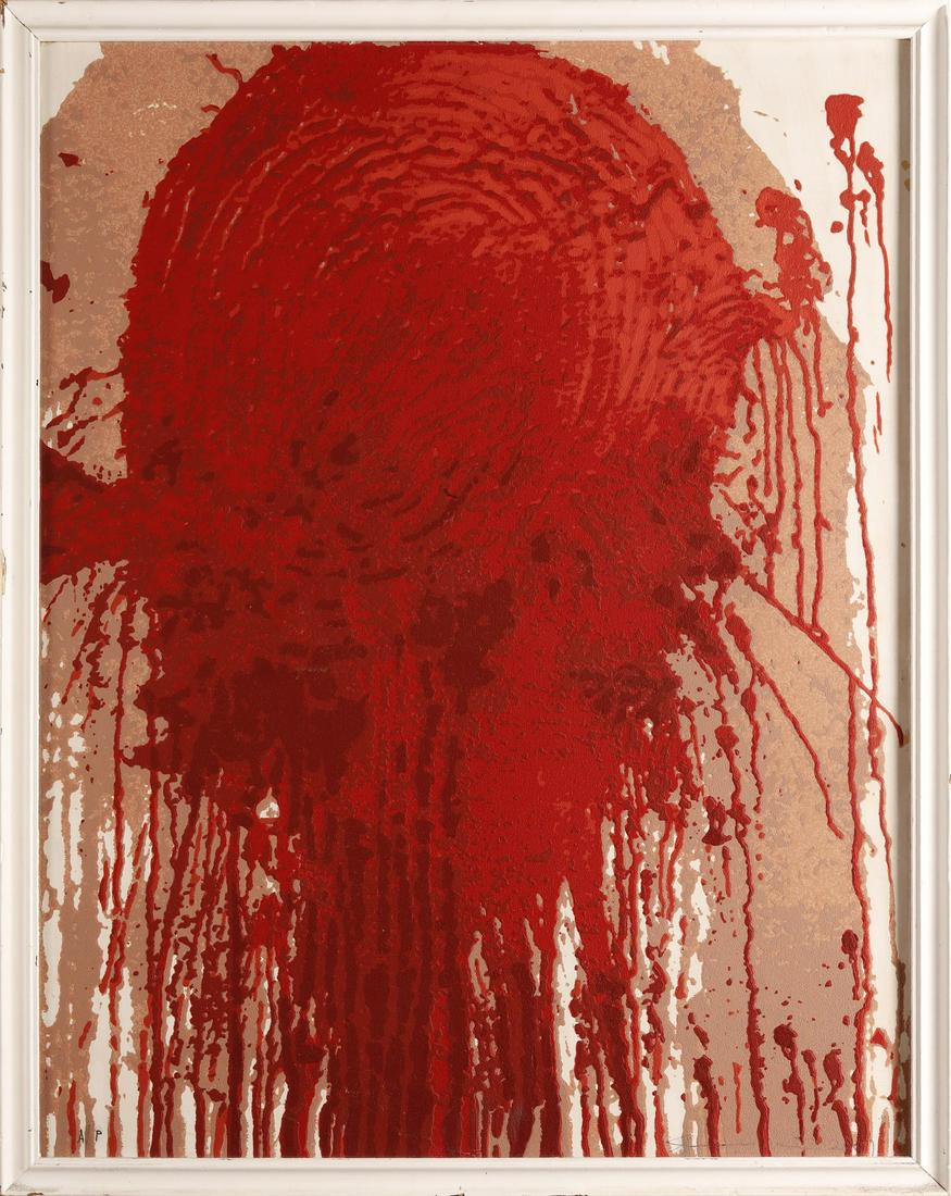 HERMANN NITSCH Untitled.: Untitled. 2001. Silkscreen printing material. Cm 62,00 x 80,00. A/P. Edition, signature and year lower in pencil.. Frame present