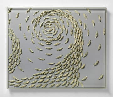 RICCARDO GUSMAROLI Untitled (Younger Cap.5).: Untitled (Younger Cap.5). 2019. Mixed media and applications on canvas. Cm 55,00 x 45,00. At the back title and signature. Within plexiglass case. Artist's authenticity certificate on photo. Frame pre