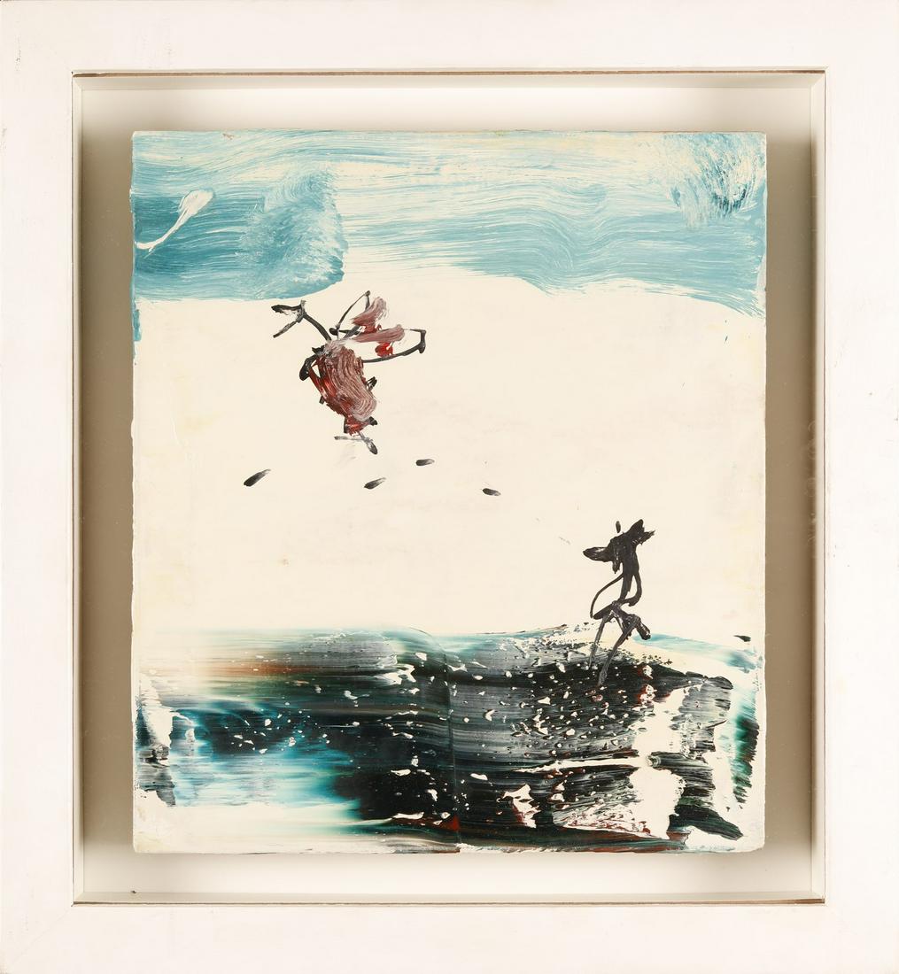 BRAD KAHLHAMER Untitled ( Chasing a Turkey Part II).: Untitled ( Chasing a Turkey Part II). 1997. Mixed media on canvas. Cm 35,00 x 40,00. At the back title, signature and year. Provenance: Christie's. Frame present