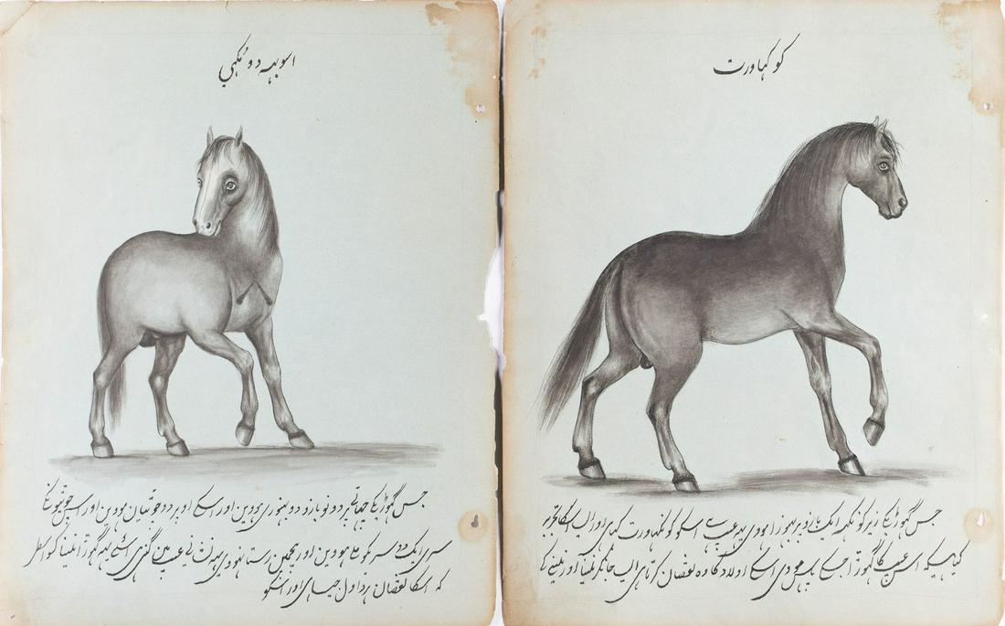 Arte Islamica A pair of folios from the Faras-naÌ„ma: Islamic Art A pair of folios from the Faras-naÌ„ma (The Horse Book) Ottoman empire, 19th century . . Cm 19,00 x 23,00.