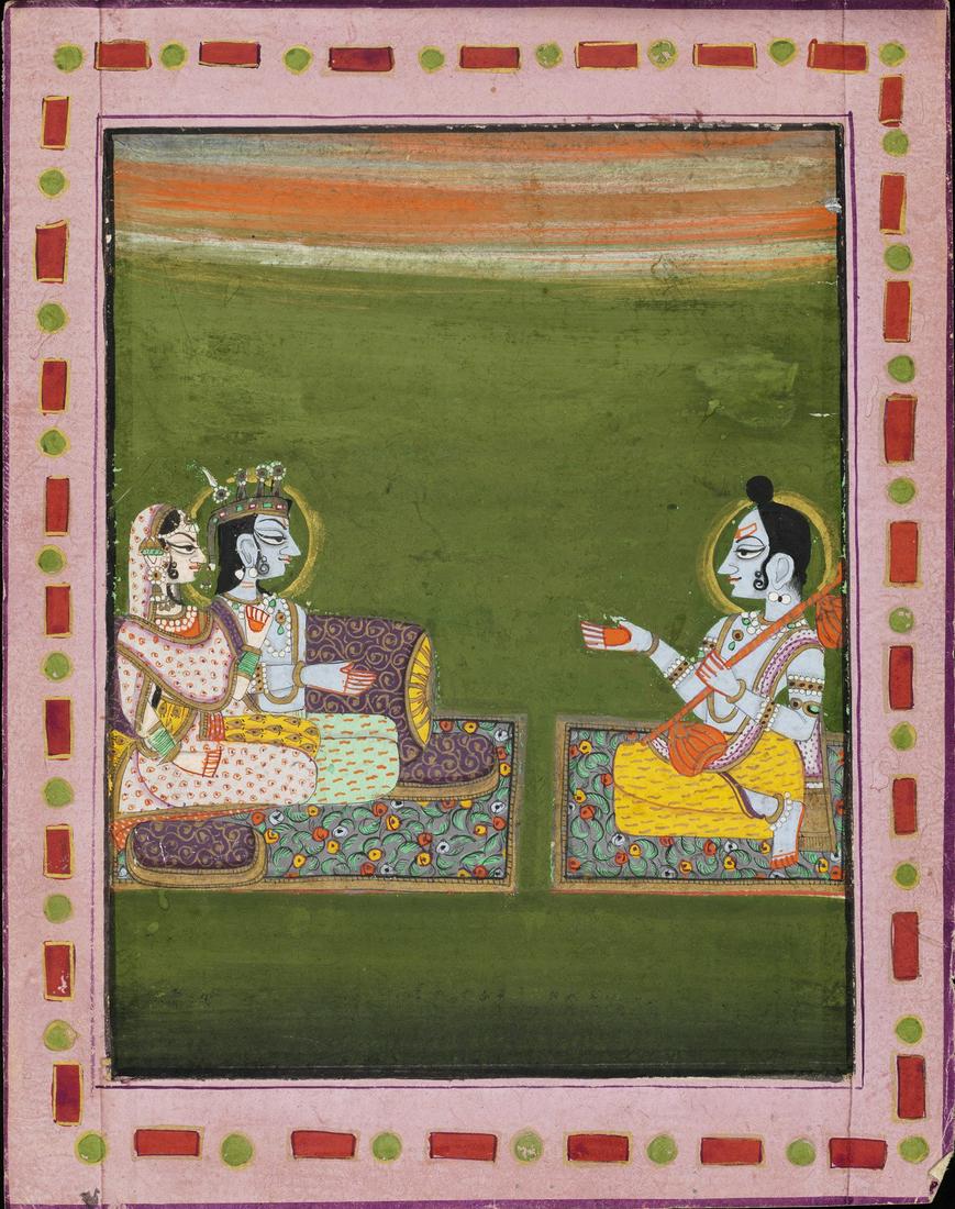 Arte Indiana A miniature painting in the Kishengarh: Indian Art A miniature painting in the Kishengarh style depicting a couple before a yogiNorthern India, Rajasthan, 20th century Pigments and gold on paper . . Cm 14,50 x 18,30. Provenance: Venetian pr