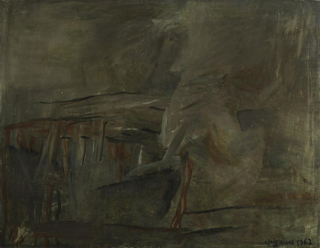 ALFREDO CHIGHINE Figura nel paesaggio.: Figura nel paesaggio. 1962. Oil on canvas . Cm 116,00 x 89,00. Signature and year lower right. At the back title and year. Associazione Nazionale Gallerie d'Arte Moderna authenticity certificate on ph