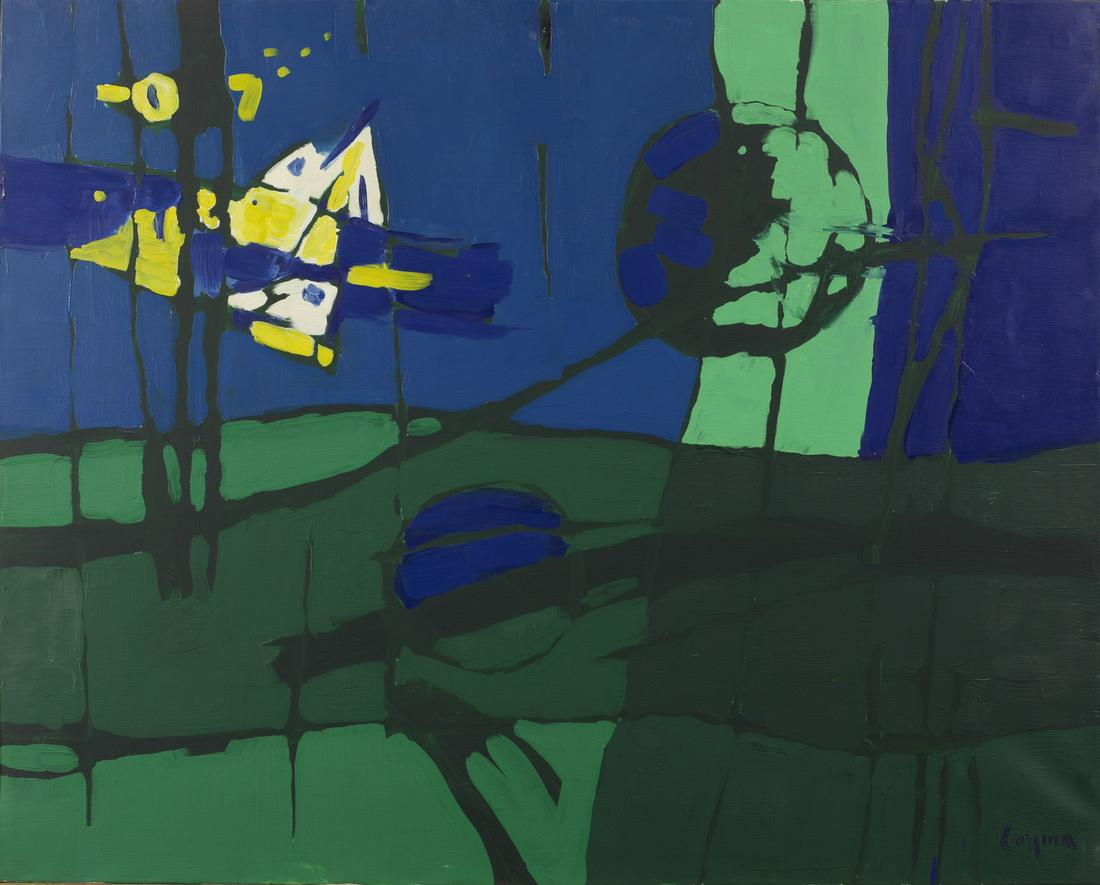 ANTONIO CORPORA I gabbiani annunciano il sole.: I gabbiani annunciano il sole. 1972. Oil on canvas . Cm 80,00 x 65,00. Signature lower right. At the back title, signature and year. Giovanni Di Summa authenticity certificate. Publication: Antonio Co