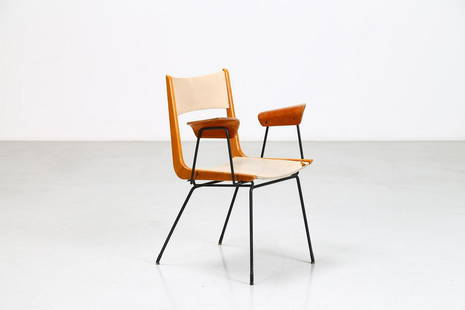 CARLO RATTI Attributed to. Chair.: Attributed to. Chair. Iron, wood and fabric. Cm 60,00 x 81,50 x 63,00. Structure in iron rod, seat and back in wood and fabric. 50s.