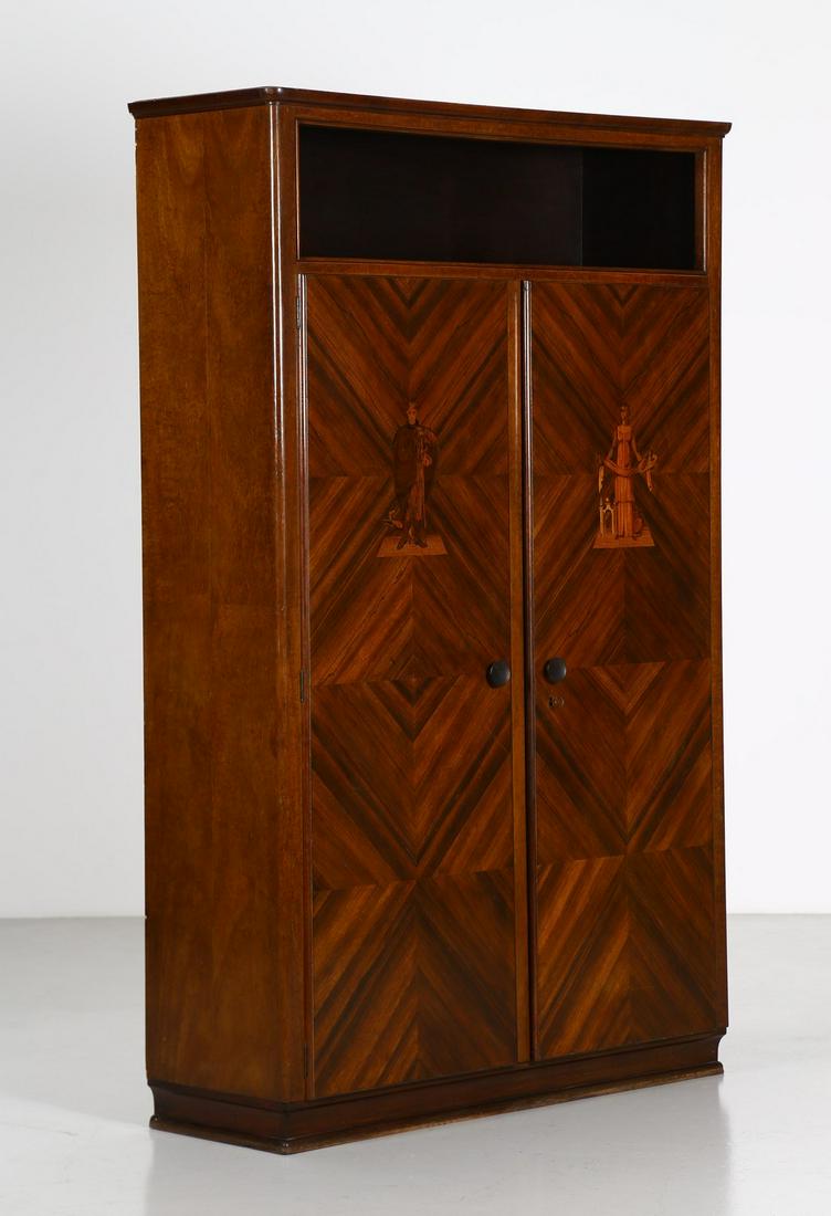 EBANISTERIA CASALINI Wardrobe.: Wardrobe. Rosewood. Cm 128,00 x 205,00 x 45,00. Rosewood two-door wardrobe with elm burl inlays on cardboard by Giovanni Guerrini (Imola, 29 May 1887 - Rome, 20 March 1972). Very active as well as a p