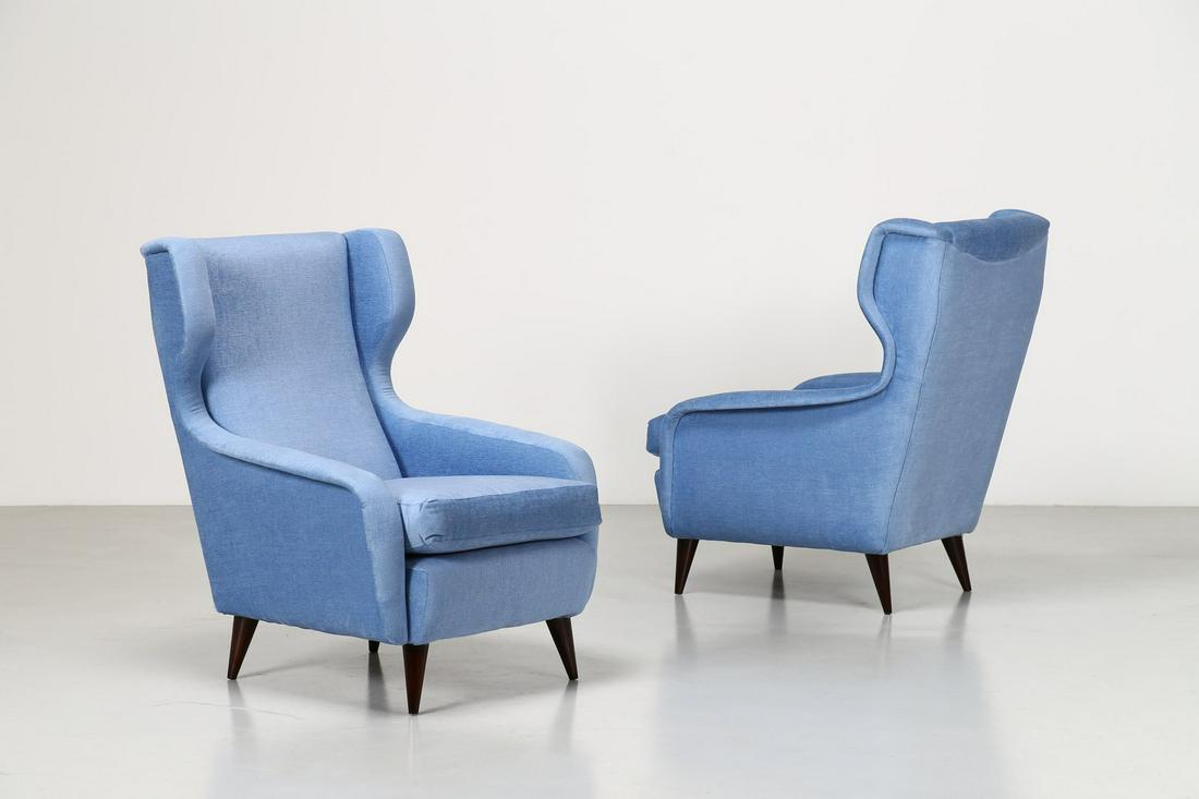 RENATO ANGELI Pair of armchairs.: Pair of armchairs. Wood and fabric. Cm 73,00 x 98,00 x 88,00. Pair of armchairs with wooden structure and fabric covering, 50s.
