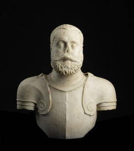 SCULTORE DEL XVI SECOLO Emperor Charles V bust. .: Emperor Charles V bust. . Marble. Cm 50,00 x 56,00 x 25,00. For comparisons see the bronze bust of Leone Leoni (1533-1608) portraying Carlo V in the National Gallery in Washington, formerly a Kress co