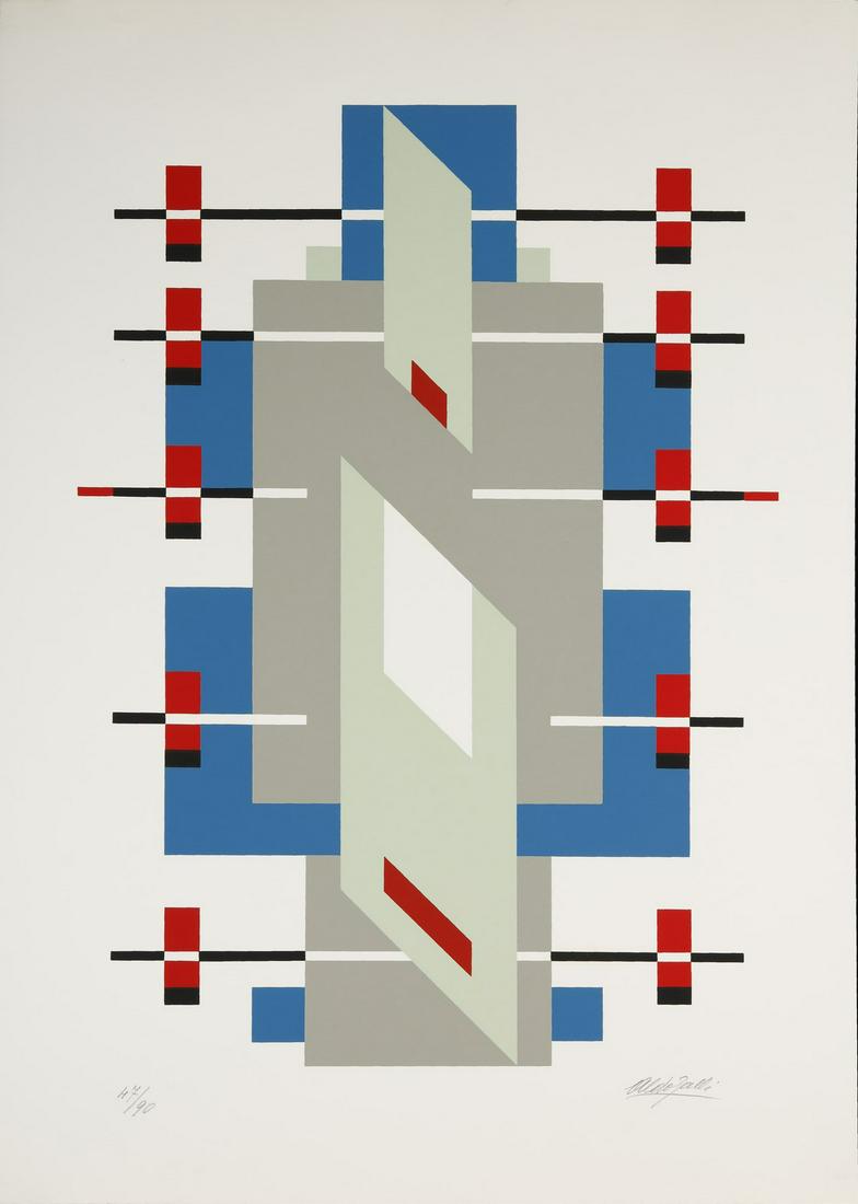 ALDO GALLI Composition 74.: Composition 74. Lithograph. Cm 48,50 x 68,50. 47/90. Edition and signature lower in pencil. Circolo Culturale Rs lower left. Giuliani Editions, Milan, Original box.