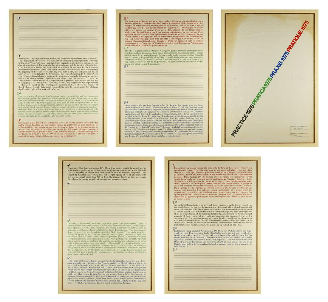 JOSEPH KOSUTH Practice (n.5 fogli).: Practice (n.5 fogli). 1975. Silkscreen. Cm 70,00 x 100,00. 50/125. Edition and signature lower right in pen. Defects. Publisher: Pio Monti, ROme. Frame present